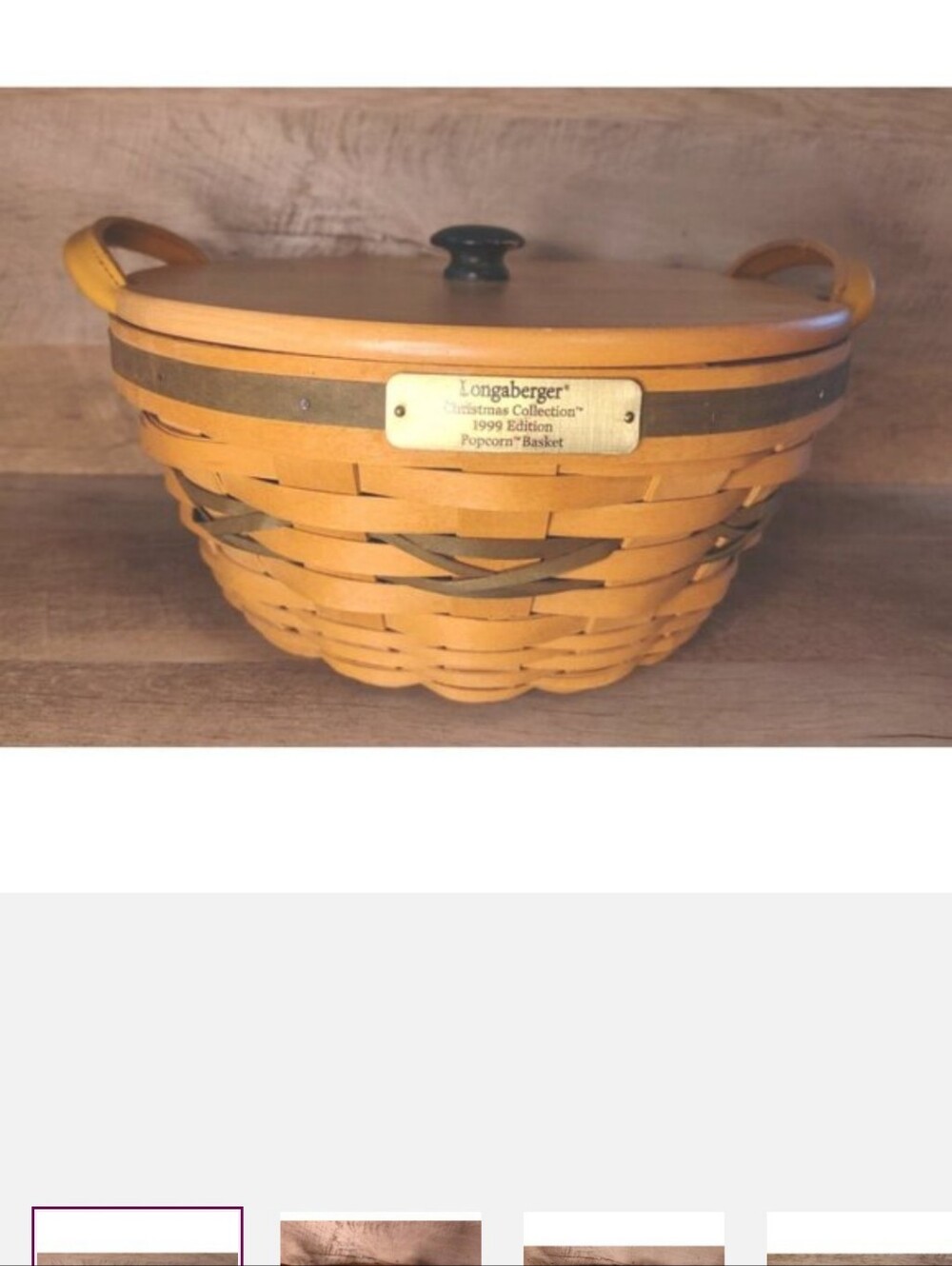 Longaberger Natural and Olive Woven Popcorn Basket with Protector & Lid. 1999
